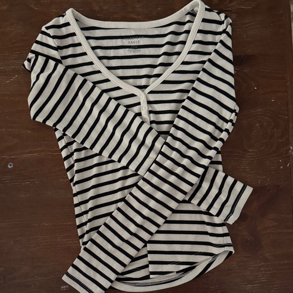 American Eagle Outfitters Black and White Striped Henley Long Sleeve Top